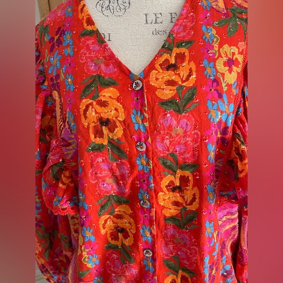 FARM Rio Red Spring Bananas Ruffle Cotton Blouse - Picture 4 of 8